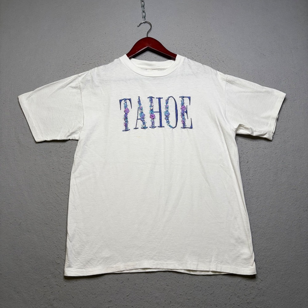 Bumwraps T-Shirt Women Large White Tahoe Floral Embroidered Vintage 90s USA Made